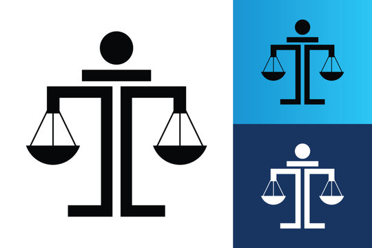 The image shows a flat logo design of an initial letter T in black color that shapes like a justice scale that looks clean and sharp on a white background.