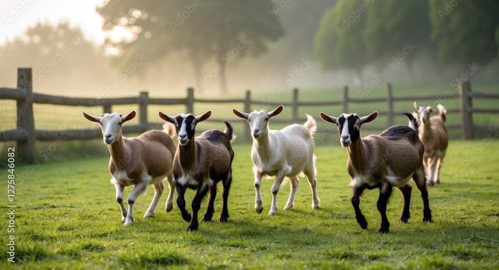 Poster anglo nubian goats grazing in paddock at sunrise with soft mist and open space for text placement