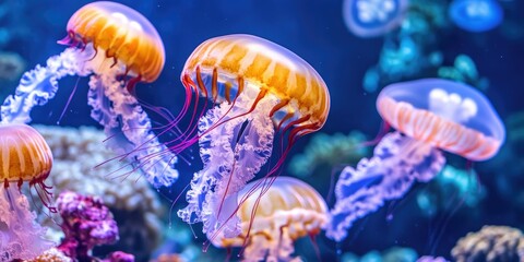 Aquarium jellyfish underwater coral reef