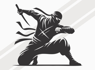 Ninja Silhouette Black Color. Stealthy Japanese Warrior Clipart and Vector Art