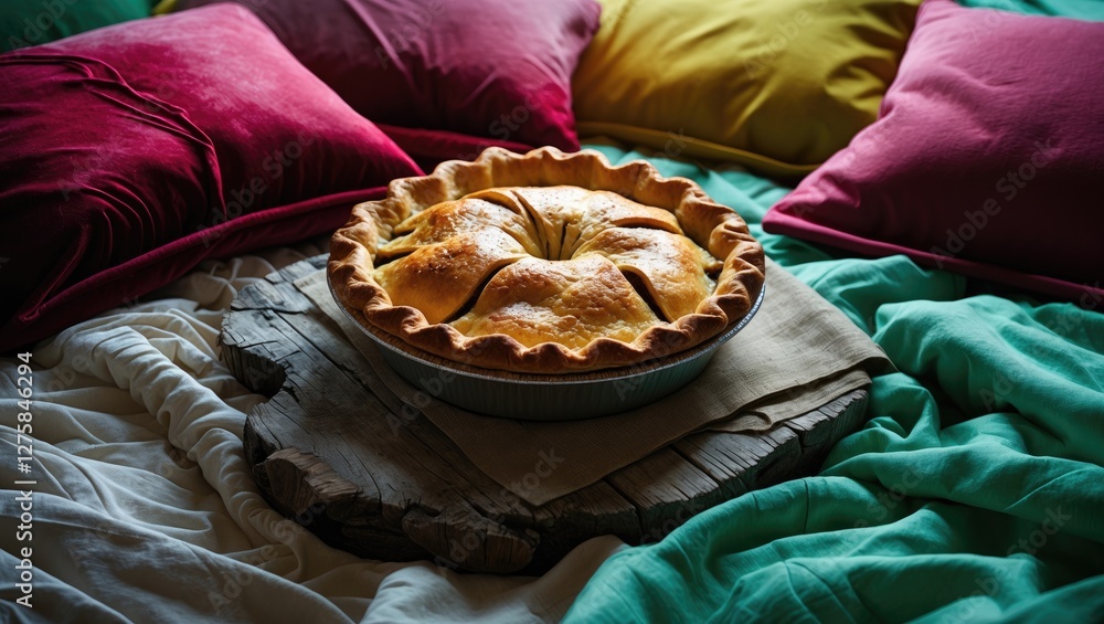 Poster apple pie arranged on a rustic wooden board surrounded by colorful pillows and bedding creating a co