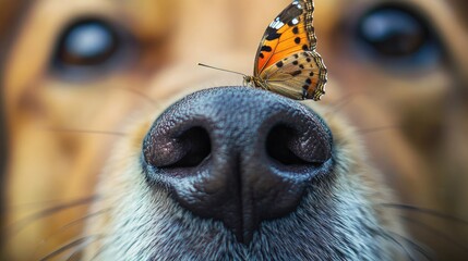 Close-up of dog nose with colorful butterfly resting on it. Cite doggy look at beautiful insect. Nature and animals. Outdoor exploration, curious puppy closeup. Funny canine muzzle macro view.