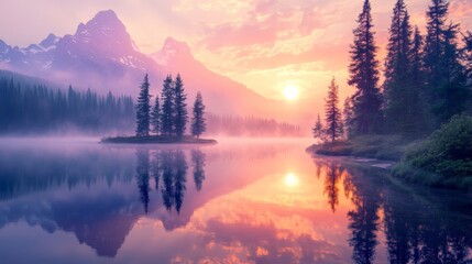 Fototapeta premium A tranquil lake at sunrise, with fog hovering over the surface, reflecting the warm glow of the rising sun.