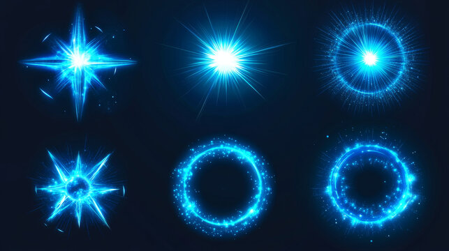 Glint and glare optical effects collection - bright blue luminous starbursts with radiant beams on dark background. Shimmering neon sparkles with lens flares, circular halos and bright bling.