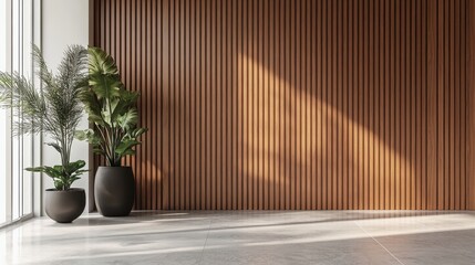 A serene indoor setting featuring lush green plants in modern pots against a warm wooden wall, bathed in soft natural sunlight.