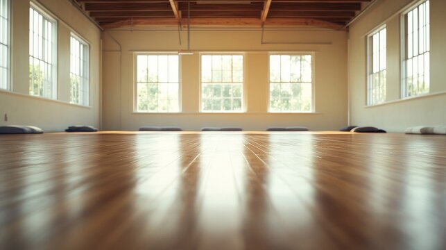 Shoulder stretch in a spacious yoga studio with wooden floors. Featuring health and mindfulness