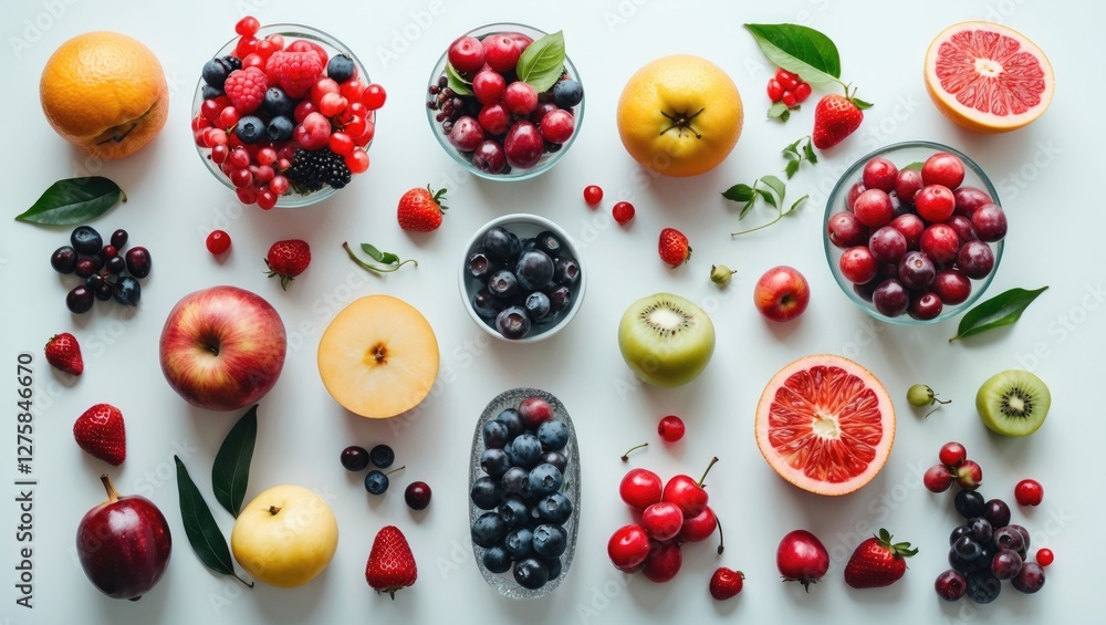 Aufkleber assorted fresh fruits and berries arranged in bowls on white background with empty space for text cr