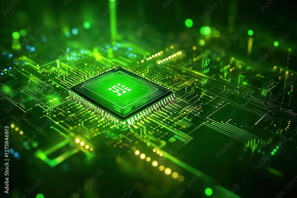 Poster green circuit board with microchip and futuristic technology design