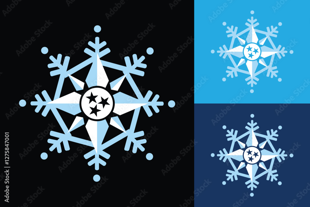 Poster the image shows an emblem logo design of an ice crystal snow flake in blue and white color inside an