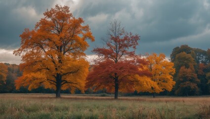 Fototapeta premium Vibrant Autumn Foliage of Colorful Trees Under Dramatic Cloudy Sky in Open Meadow Landscape