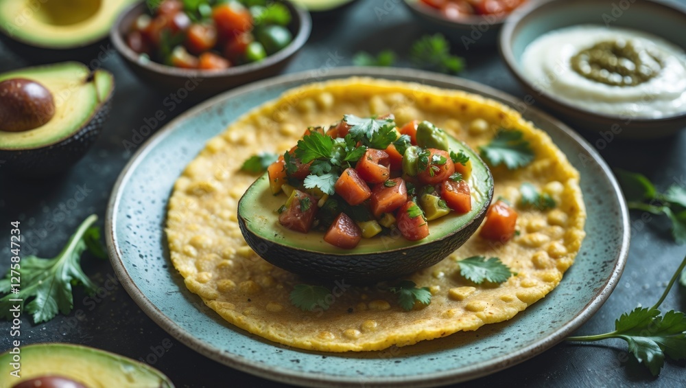 Poster avocado with tomato salsa on corn roti surrounded by fresh ingredients and dip in a rustic setting f