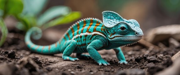 Fototapeta premium Vibrant baby chameleon in garden setting with empty space for text ideal for nature themed designs or educational materials.