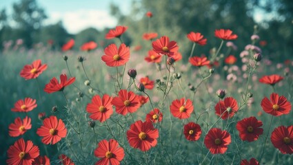 Vibrant Red Cosmos Flowers Blooming in Summer Field with Soft Green Background and Ample Space for Text or Graphics