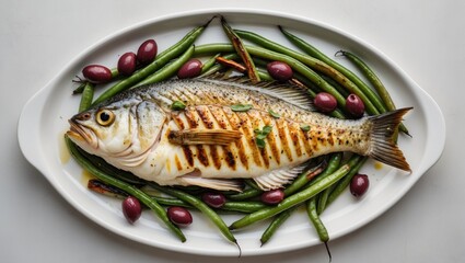 Grilled Sea Bass with Green Beans and Olives on a White Plate Ideal for Culinary Presentations and Menus