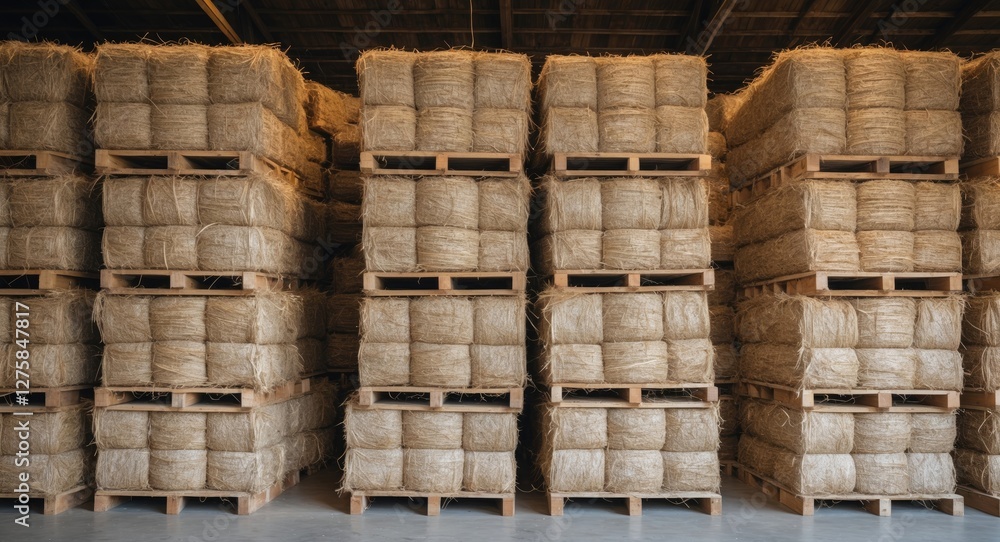 Poster hay bales stacked in warehouse with wood pallets and empty space for text display