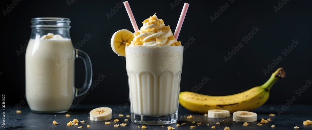 Poster refreshing banana milkshake with cream and slices on dark background highlighting copy space for mar