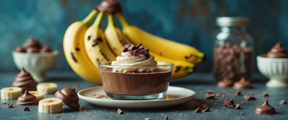 Banana Chocolate Dessert with Whipped Cream and Chocolate Shavings on a Rustic Blue Background