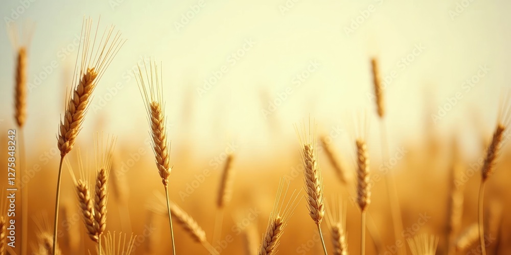 Poster golden barley fields under a soft sunset with ample space for text overlay