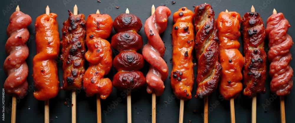 Poster colorful barbecue skewers with assorted meat varieties on skewers against dark background for food p