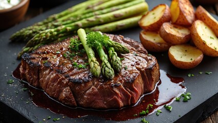 Grilled Beef Steak Served with Fresh Asparagus and Crispy Fried Potatoes on a Slate Plate