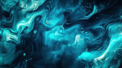 An abstract swirl of vibrant teal and dark blue hues creates an engaging and dynamic visual experience, reminiscent of ocean waves.