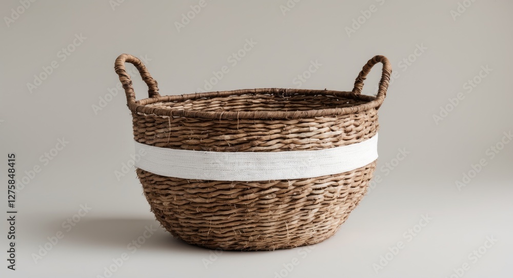 Poster handwoven bast basket with white stripe and empty space for custom text or branding in natural neutr