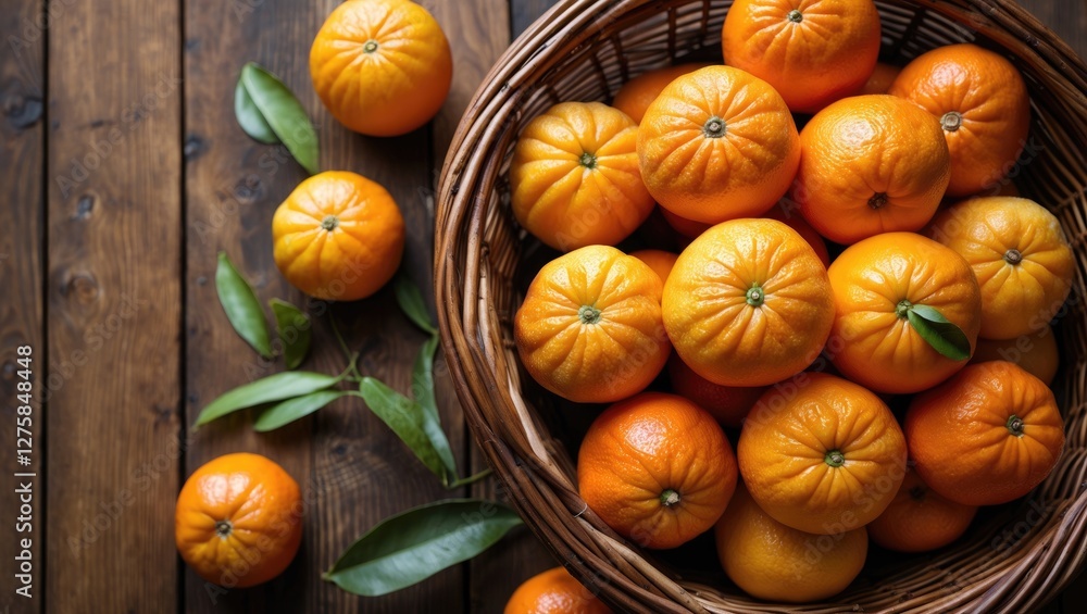 Aufkleber fresh tangerines in a rustic basket on a wooden table with green leaves and copy space for text or b