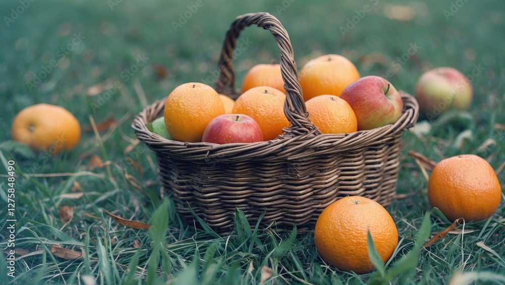 Poster fruit basket with fresh oranges and apples on green grass with space for text or design elements