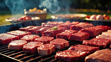 Grilling Fresh Beef and Pork Cuts on BBQ with Smoky Background and Space for Text in Summer Outdoor Setting