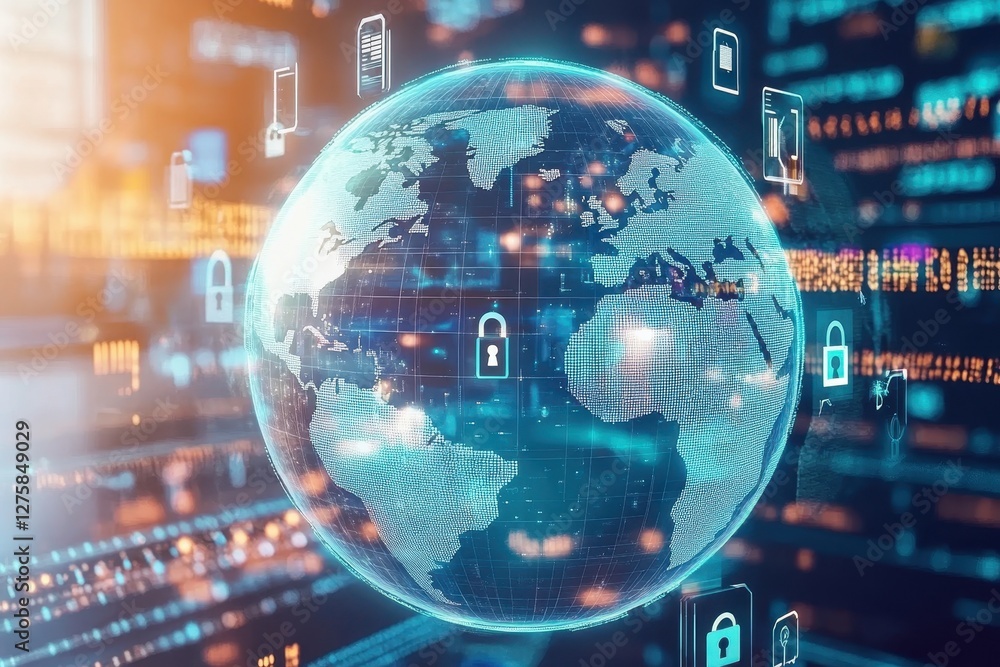 Poster global digital security concept with data protection elements