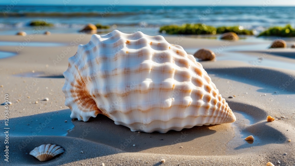 Poster large white seashell resting on golden sandy beach with gentle waves in the background creating a se