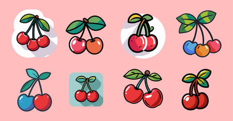 Sets icon collection of cartoon cherries with unique designs and vibrant colors on a pink background, each with distinct leaf shapes and playful expressions