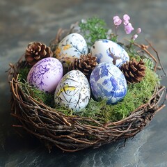Obraz premium Embrace a warm Easter ambiance with a straw nest of hand-painted eggs, set on a table adorned with a lace doily and surrounded by charming country-style decor.