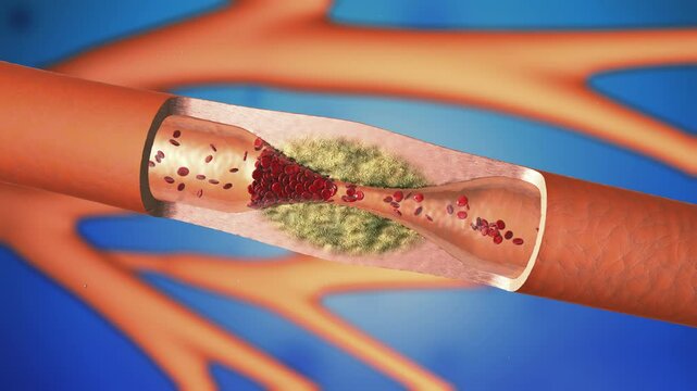 A close-up illustration of a clogged artery shows plaque buildup, restricting blood flow and potentially causing life-threatening heart attack or pulmonary embolism