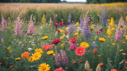 Obraz premium Vibrant summer wildflower field with colorful blooms and soft natural background perfect for text overlay or nature-themed content.