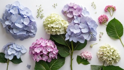 Delicate Hydrangea Flowers in Various Colors on White Background Ideal for Floral Arrangements and Graphic Design with Space for Text