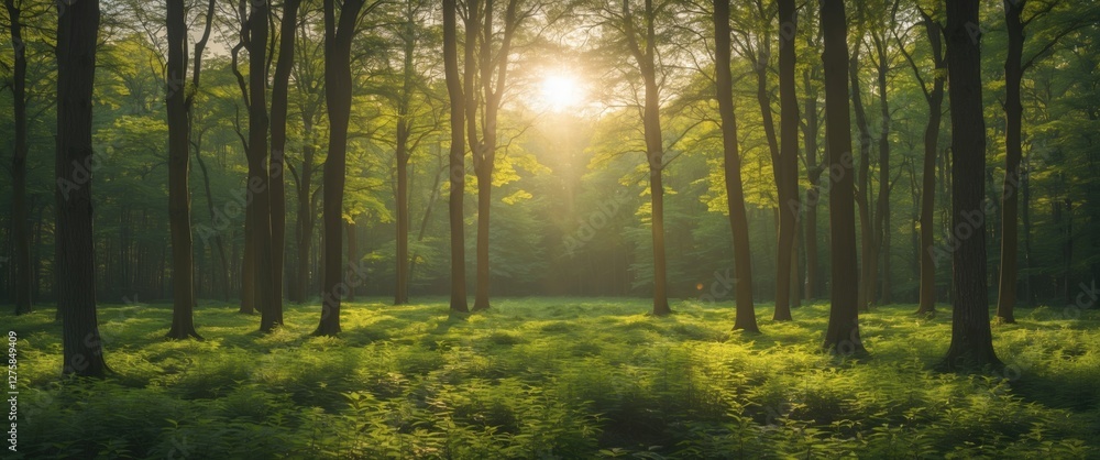 Aufkleber serene forest scene with sunlight filtering through trees surrounded by lush greenery ideal for text