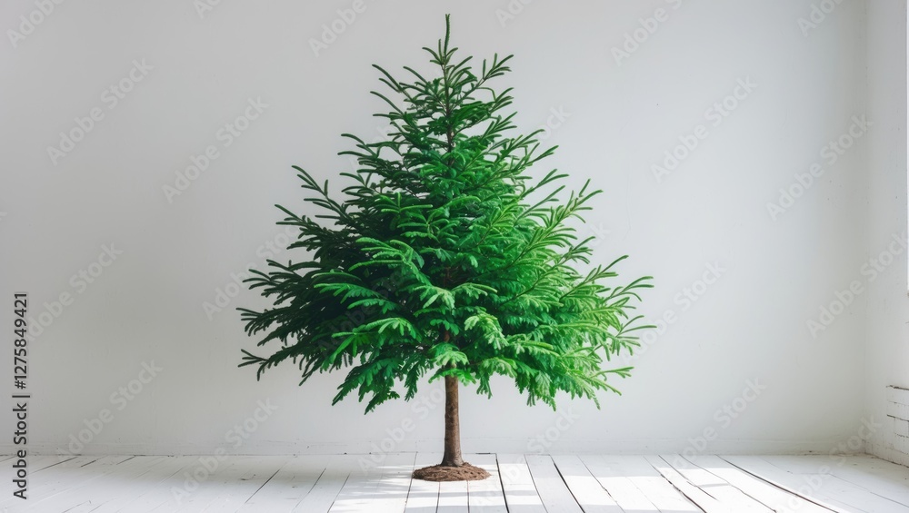Poster lush green ornamental tree on white background with ample space for text or design elements in moder