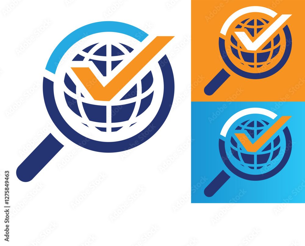 Poster the image shows a flat logo design of a magnifying glass with a globe in blue color and a check mark