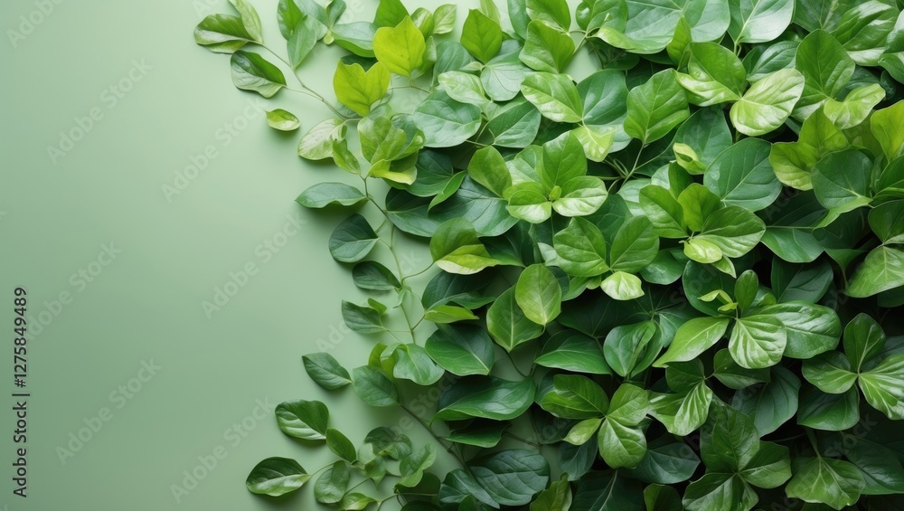 Poster lush green leaves on a soft green background with space for text and design elements in a bright nat