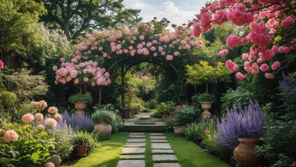 Obraz premium Tranquil Garden Pathway Surrounded by Lush Blooms and Greenery Ideal for Text and Design Integration