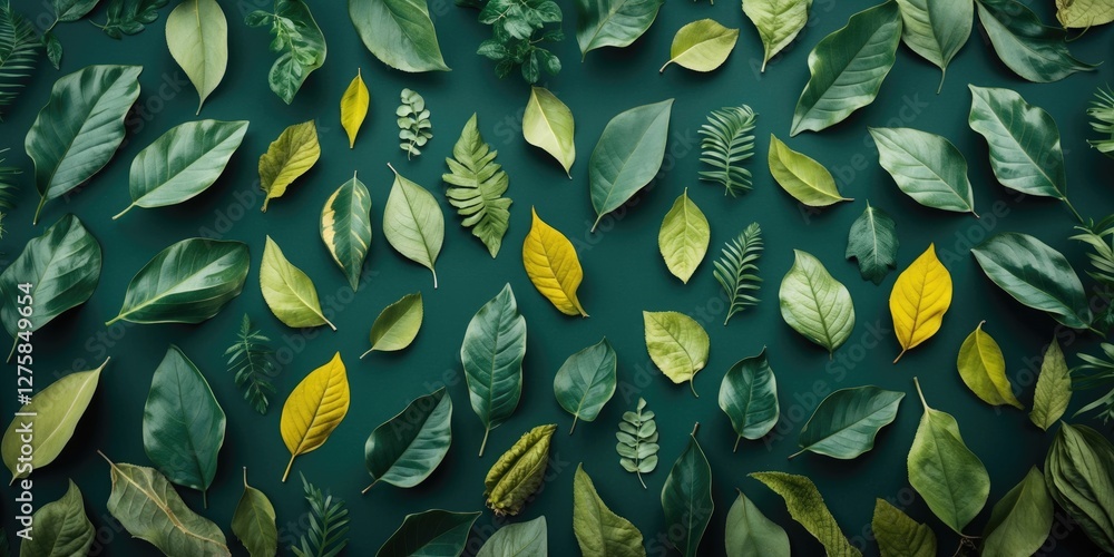 Poster diverse leaf collection on dark green background with space for text or graphics in nature inspired 