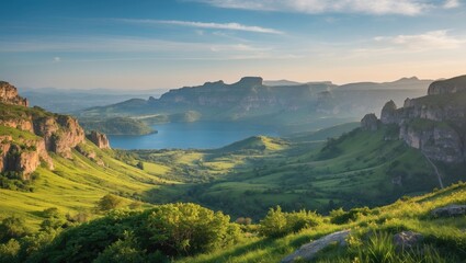 Fototapeta premium Breathtaking Natural Landscape with Lush Green Hills and Tranquil Lake Under Clear Sky Ideal for Text Overlay or Travel Promotions