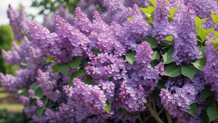 Vibrant Lilac Bush in Full Bloom Surrounded by Green Foliage on a Sunny Day