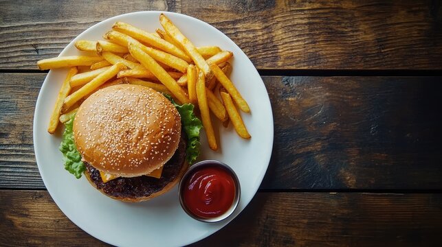 A delicious sesame seed burger with fresh lettuce, cheese, and crispy fries, served on a rustic wooden table with a side of ketchup.