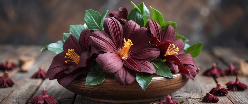 Elegant maroon daliya flowers arranged in a decorative bowl with lush green leaves on a rustic wooden table background.