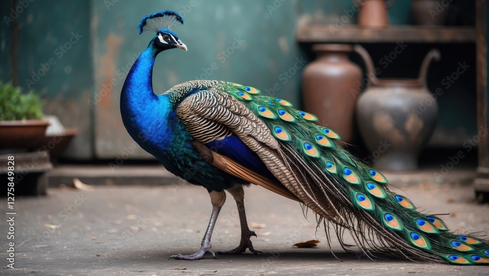 Poster stunning peacock strutting gracefully in a rustic environment with vibrant colors and intricate feat