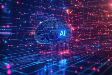 Futuristic Digital Brain Illustration with AI Technology and Lights