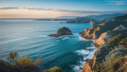 Fototapeta premium Stunning Coastal View with Lush Greenery and Calm Waters Under a Clear Blue Sky. Ideal for Travel and Nature Themed Projects.
