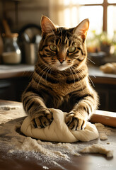 Baking cat in kitchen, Funny cat kneading dough, Adorable cat chef, Tabby cat making bread, Cute baker cat, Playful feline in kitchen, Cat paws on dough.

